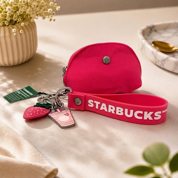 Starbucks Accessories - Starbucks Pouch Wristlet Keychain Pink Drink Series 2026 Strawberry Charm NWT